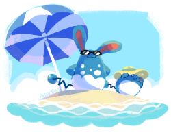 Rule 34 | :3, artsy-theo, azumarill, beach, blue sky, blue theme, closed mouth, cloud, creature, creatures (company), day, evolution, evolutionary line, game freak, gen 2 pokemon, hat, marill, nintendo, no humans, ocean, parasol, pokemon, pokemon (creature), sand, sky, sun hat, sunglasses, umbrella