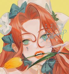 Rule 34 | 1girl, artist name, bow, dekooop, eyelashes, facial mark, fangs, fingernails, flower, flower in mouth, green eyes, hair bow, highres, holding, holding flower, light blush, lipstick, long hair, looking at viewer, makeup, nail polish, open mouth, orange hair, original, portrait, purple nails, red lips, sample watermark, sharp teeth, sidelocks, signature, simple background, solo, teeth, tulip, upper body, watermark, yellow background, yellow flower, yellow tulip