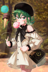 Rule 34 | 1girl, absurdres, bag, beret, black bow, black bowtie, black hat, bow, bowtie, clothing cutout, commentary request, curly hair, dress, female focus, floating, food, green eyes, green hair, hair between eyes, handbag, hat, highres, ice cream, licking, looking at viewer, matching hair/eyes, one-punch man, outdoors, short hair, shoulder cutout, solo, tatsumaki, telekinesis, thighs, torriet, white dress