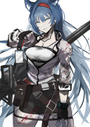Rule 34 | 1girl, absurdres, arknights, black bracelet, black gloves, black skirt, blaze (arknights), blue eyes, blue hair, breasts, chuhaibane, cleavage, clothes writing, cowboy shot, earpiece, extra ears, fingerless gloves, gloves, hair between eyes, hairband, hand up, highres, id card, infection monitor (arknights), jacket, long hair, looking at viewer, medium breasts, open clothes, open jacket, red hairband, shirt, simple background, skirt, smirk, solo, white background, white jacket, white shirt