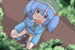 Rule 34 | 1girl, blue eyes, blue hair, bottomless, caught, female pubic hair, kawashiro nitori, looking at viewer, looking up, ooyama bokuchi, open mouth, outdoors, panties around leg, peeing, pubic hair, puddle, pussy, solo, squatting, touhou, uncensored