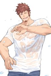 Rule 34 | 00047, 1boy, beard, blue eyes, brown hair, denim, facial hair, fate/grand order, fate (series), jeans, large pectorals, long sideburns, looking at viewer, male focus, muscular, open mouth, pants, pectorals, scar, see-through, sideburns, smile, solo, upper body, wet, wet clothes, wet hair