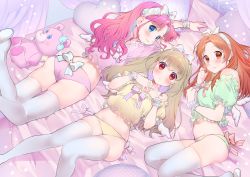 Rule 34 | 3girls, :o, absurdres, aikatsu!, aikatsu! (series), aikatsu on parade!, amahane madoka, angel wings, ass, bad id, bad twitter id, blouse, blue eyes, blush, bow, bow panties, brown eyes, commentary, curtains, fake wings, feet up, forehead, frilled shirt, frills, from above, geshumaro, hair bow, hair down, hairband, hands on own chest, heart, heart-shaped pillow, highres, kiseki raki, knees together feet apart, legs up, light brown hair, lipstick, long hair, looking at viewer, looking back, looking up, lying, makeup, midriff, multiple girls, navel, on back, on bed, on side, on stomach, open mouth, orange hair, otoshiro noel, panties, parted bangs, pillow, pink eyes, pink hair, puffy short sleeves, puffy sleeves, shirt, short sleeves, sidelocks, skindentation, slippers, smile, stuffed animal, stuffed toy, teddy bear, the pose, thighhighs, thighs, underwear, wings, wrist cuffs