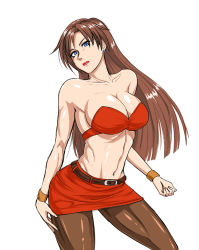 Rule 34 | 1girl, bare shoulders, blaze fielding, blue eyes, bra, breasts, brown hair, brown pantyhose, cleavage, earrings, jewelry, large breasts, lipstick, long hair, looking at viewer, makeup, midriff, miniskirt, ml, navel, pantyhose, sega, simple background, skirt, solo, strapless, strapless bra, streets of rage, toned, tube top, underwear, white background, wristband
