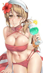 Rule 34 | 1girl, bare arms, bare shoulders, bikini, blush, breasts, brown eyes, brown hair, cleavage, collarbone, cowboy shot, cup, drink, drinking straw, flower, food, fruit, groin, hair flower, hair ornament, highres, holding, holding cup, kantai collection, kokuzou, large breasts, lemon, lemon slice, littorio (kancolle), long hair, navel, red bikini, red flower, simple background, smile, solo, swimsuit, white background