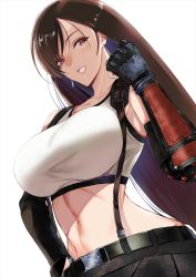 Rule 34 | 1girl, bare shoulders, belt, black gloves, black skirt, blush, breasts, brown hair, collarbone, earrings, elbow gloves, elbow pads, final fantasy, final fantasy vii, fingerless gloves, fist pump, gloves, grin, highres, jewelry, kawabata yoshihiro, large breasts, long hair, looking at viewer, midriff, navel, pencil skirt, red eyes, shirt, simple background, skirt, smile, solo, suspender skirt, suspenders, swept bangs, tank top, taut clothes, taut shirt, tifa lockhart, very long hair, white background, white tank top