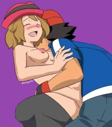Rule 34 | 1boy, 1girl, ash ketchum, black hair, black thighhighs, blackjoe01, blush, breasts, closed eyes, clothed male nude female, creatures (company), fingerless gloves, game freak, gloves, hat, highres, implied sex, light brown hair, medium breasts, nintendo, nipples, nude, open mouth, pokemon, pokemon (anime), pokemon xy (anime), red hat, self-upload, serena (pokemon), short hair, source request, spread legs, tagme, thighhighs