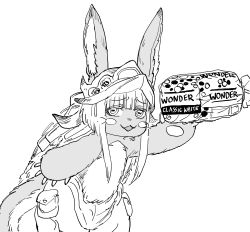 Rule 34 | 1other, :d, absurdres, ambiguous gender, animal ears, bb (baalbuddy), blunt bangs, blush stickers, bread, claws, commentary, commission, cowboy shot, dark-skinned female, dark skin, fake horns, food, furrowed brow, furry, greyscale, hand up, helmet, highres, horizontal pupils, horned helmet, horns, made in abyss, monochrome, nanachi (made in abyss), open mouth, other focus, pouch, simple background, sketch, smile, solo, standing, tail, whiskers, white background, white hair, wonder bread