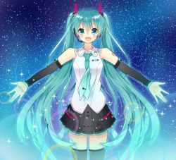 Rule 34 | 1girl, absurdly long hair, black skirt, black thighhighs, blue eyes, blue hair, blue necktie, blush, hatsune miku, headset, highres, iumi urura, long hair, looking at viewer, necktie, night, night sky, open mouth, skirt, sky, smile, solo, thighhighs, tie clip, twintails, v4x, very long hair, vocaloid