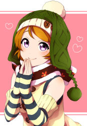 Rule 34 | 10s, 1girl, blush, brown hair, detached sleeves, hat, heart, koizumi hanayo, looking at viewer, love live!, love live! school idol festival, love live! school idol project, own hands together, pink background, purple eyes, sekina, short hair, sleeves past wrists, smile, solo, upper body, winter clothes