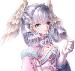 1girl, blue eyes, braid, breasts, cape, crown braid, curly hair, dress, ebi (shrimp0905), gloves, hat, head wings, juliet sleeves, long hair, long sleeves, looking at viewer, medium breasts, melia antiqua, o-ring, puffy sleeves, silver hair, simple background, smile, solo, thighhighs, upper body, white background, xenoblade chronicles, xenoblade chronicles (series)