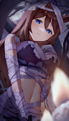 Rule 34 | 1girl, animal ears, bandaged arm, bandaged hand, bandages, bare tree, blue eyes, blurry, blurry foreground, breasts, brown hair, candle, closed mouth, crop top, depth of field, empty eyes, from below, horse ears, large breasts, long hair, looking at viewer, looking down, moon, navel, night, official alternate costume, outdoors, smile, solo, super creek (chiffon ribbon mummy) (umamusume), super creek (umamusume), tree, umamusume, upper body, very long hair, yoimoriyoru