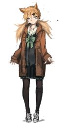 Rule 34 | 1girl, animal ears, blonde hair, full body, girls&#039; frontline, green eyes, hair ornament, hairclip, idw (girls&#039; frontline), jacket, looking at viewer, oversized clothes, pantyhose, school uniform, skirt, solo, twintails, unitsu