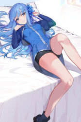 Rule 34 | 1girl, black shorts, blue eyes, blue flower, blue hair, blue jacket, blush, flower, hair flower, hair ornament, highres, indoors, isekai ojisan, jacket, long hair, long sleeves, looking at viewer, lying, mabel raybert, on back, on bed, parted lips, peach luo, shiny skin, short shorts, shorts, shrug (clothing), solo, straight hair
