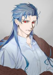 Rule 34 | 1boy, alternate costume, blue hair, buttons, close-up, cu chulainn (fate), cu chulainn (caster) (fate), earrings, expressionless, fate/grand order, fate (series), iz izhara, jewelry, cu chulainn (fate/stay night), long hair, male focus, multiple piercings, red eyes, simple background, solo, spiked hair, type-moon