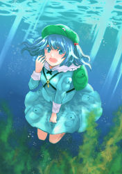 Rule 34 | 1girl, backpack, bad id, bad pixiv id, bag, blue eyes, blue hair, boots, bubble, colored eyelashes, dress, eyelashes, hair bobbles, hair ornament, hand to own mouth, hand up, hat, kawashiro nitori, key, legs, light rays, long sleeves, looking at viewer, matching hair/eyes, plant, pocket, reflection, rowan (kanonsecret), rubber boots, shirt, short hair, skirt, skirt set, smile, solo, sunbeam, sunlight, touhou, twintails, two side up, underwater, wet, wet clothes