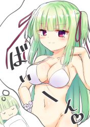 Rule 34 | 1girl, :3, absurdres, alternate breast size, bare arms, bare shoulders, bikini, bikini top only, blush, bottomless, breasts, cleavage, closed eyes, closed mouth, collarbone, dreaming, green hair, hair ribbon, hand on own hip, hand up, highres, long hair, lying, medium breasts, murasame (senren), navel, on back, red eyes, red ribbon, ribbon, segaxtu, senren banka, sleeping, smile, smug, sparkle, swimsuit, two side up, under covers, white background, white bikini, wrist cuffs