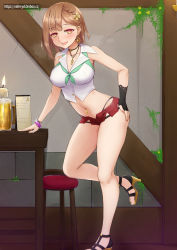 Rule 34 | 1girl, arched back, arm support, atelier (series), atelier ryza, bare legs, bent over, blush, bracelet, breasts, brown hair, curvy, earrings, female focus, fingerless gloves, gloves, hair ornament, hand on own hip, high heels, highleg, highleg panties, highres, hypnosis, jewelry, knee up, large breasts, looking at viewer, makeup, midriff, mind control, navel, navel piercing, necklace, open mouth, panties, piercing, reisalin stout, shirt, short hair, short shorts, shorts, single glove, sleeveless, sleeveless shirt, smile, solo, standing, standing on one leg, thick thighs, thighs, underwear, vahn yourdoom