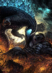 Rule 34 | abs, ape, blue electricity, building, city, claws, cloud, cloudy sky, crossover, day, debris, destruction, dinosaur, ears, electricity, energy, fangs, fighting, fire, giant, giant monster, gills, glowing, glowing mouth, glowing spikes, godzilla, godzilla (series), godzilla vs. kong, gorilla, highres, kaijuu, king kong, king kong (series), legendary pictures, lightning, monster, monsterverse, muscular, muscular male, no humans, no pupils, open mouth, overcast, pectorals, roaring, scar, scar on chest, sharp teeth, signature, sky, spikes, storm cloud, sun, tatsuya (atelier road), teeth, toho, tongue, yellow eyes