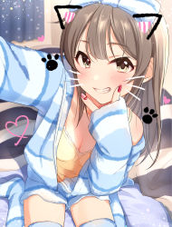Rule 34 | 1girl, arm up, bed, blue bow, blue shorts, blue sweater, blush, bow, brown hair, camisole, curtains, drawn ears, drawn whiskers, hair bow, heart, indoors, long hair, looking at viewer, nail polish, off shoulder, on bed, original, paw print, shorts, sidelocks, sitting, smile, solo, striped clothes, striped sweater, striped thighhighs, sweater, teeth, thighhighs, tsukana (saba mizore), unzipped, v, wariza, whiskers, yellow camisole, yellow eyes, zipper