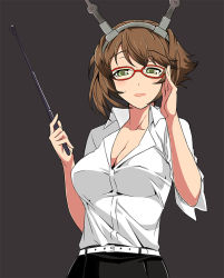 Rule 34 | 10s, 1girl, adjusting eyewear, bespectacled, breasts, brown hair, cleavage, female focus, glasses, green eyes, headgear, kantai collection, large breasts, mutsu (kancolle), pointer, red-framed eyewear, shirt, short hair, solo, teacher, zuihou (hechen121)