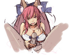 Rule 34 | 10s, 1girl, :p, animal ears, bikini, bikini top only, bow, breasts, cleavage, fang, fate/extra, fate (series), fox ears, hair bow, hair ribbon, huge breasts, looking at viewer, panties (pantsu-pirate), penis, pink hair, pov, ribbon, swimsuit, tamamo (fate), tamamo no mae (fate/extra), tongue, tongue out, twintails, uncensored, yellow eyes