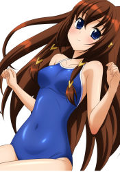 Rule 34 | 00s, 1girl, absurdres, ass, bed sheet, blue eyes, blush, breasts, brown hair, competition school swimsuit, covered navel, fingernails, highres, long hair, looking at viewer, lying, navel, on side, one-piece swimsuit, school swimsuit, solo, sugimura tomokazu, swimsuit, tachibana ichika, utakata
