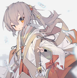 Rule 34 | 1girl, absurdres, bell, brown hair, dated commentary, grey background, hair between eyes, hair ornament, highres, japanese clothes, jingle bell, kimono, long hair, long sleeves, looking at viewer, nep (nep 76), original, ponytail, shide, shikigami, solo, upper body, white kimono, wide sleeves, yellow eyes
