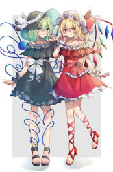 Rule 34 | 2girls, absurdres, adapted costume, aqua eyes, bare shoulders, blonde hair, border, bow, claw pose, closed mouth, collarbone, commentary request, crystal, dress, flandre scarlet, frilled bow, frills, full body, green dress, green hair, grey background, hair between eyes, hand up, hat, hat bow, heart, heart of string, highres, komeiji koishi, looking at viewer, medium hair, mob cap, multiple girls, nail polish, off-shoulder dress, off shoulder, one side up, outside border, petticoat, re re merry, red bow, red dress, red eyes, red nails, smile, standing, standing on one leg, third eye, toenail polish, toenails, touhou, white border, white bow, white headwear, wings, wrist cuffs