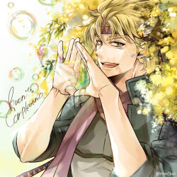 Rule 34 | 1boy, battle tendency, blonde hair, caesar anthonio zeppeli, facial mark, feather hair ornament, feathers, fingerless gloves, gloves, green eyes, green jacket, hair ornament, happy birthday, headband, highres, hydrokinesis, italian text, jacket, jojo no kimyou na bouken, male focus, mikan03260, pink scarf, scarf, soap bubbles, solo, triangle print, water