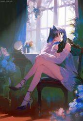 Rule 34 | 1girl, absurdres, bare legs, black hair, blue hair, breasts, clock, closed eyes, colored inner hair, commentary, crossed legs, detached sleeves, dress, drop earrings, earrings, elbow on table, english commentary, facing ahead, flower, hair intakes, head rest, high heels, highres, hololive, hololive english, indoors, jewelry, medium breasts, multicolored hair, on chair, ouro kronii, shadow, short hair, sidelighting, solo, tomatoketchup96, vase, virtual youtuber, white dress, window