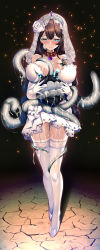 Rule 34 | 1girl, absurdres, animal collar, breasts, bridal garter, bridal lingerie, bridal veil, bride, brown hair, chest tattoo, collar, consensual tentacles, dark background, dress, elbow gloves, enemy naval mine (kancolle), flower, full body, garter straps, gloves, green eyes, hair between eyes, hair flower, hair ornament, heart lock (kantai collection), highres, holding, jewelry, kantai collection, lace, lace-trimmed legwear, lace trim, large breasts, lingerie, long hair, looking at viewer, necklace, noshiro (kancolle), pearl necklace, ring, rose, sexually suggestive, short dress, smile, stone floor, suggestive fluid, sweat, tattoo, tentacles, thighhighs, torisan, underwear, veil, wedding band, wedding dress, white dress, white flower, white footwear, white gloves, white rose, white thighhighs