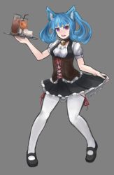 Rule 34 | 1girl, arceonn, bell, blue hair, breasts, cake, collar, corset, curtsey, drink, food, full body, highres, leg ribbon, long hair, mary janes, neck bell, purple eyes, ribbon, shoes, simple background, skirt, small breasts, solo, thigh ribbon, thighhighs, tray, two side up, waitress, white thighhighs