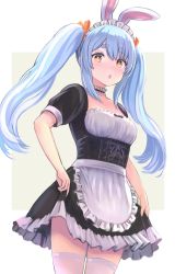 Rule 34 | 1girl, alternate costume, alternate hairstyle, animal ear fluff, animal ears, apron, black dress, blue hair, blush, breasts, choker, cleavage, clothes lift, dress, dress lift, enumiyaa, frilled choker, frilled dress, frilled skirt, frills, hololive, long hair, looking at viewer, maid, maid apron, maid headdress, medium breasts, multicolored hair, open mouth, orange eyes, rabbit ears, rabbit girl, short sleeves, skirt, solo, thick eyebrows, thighhighs, twintails, two-tone hair, usada pekora, virtual youtuber, waist apron, white apron, white background, white thighhighs