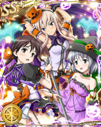 Rule 34 | 3girls, artist request, blonde hair, blue eyes, blush, bow, breasts, brown hair, candle, chandelier, collarbone, from behind, garter straps, gertrud barkhorn, grey hair, hanna-justina marseille, hat, holding, jack-o&#039;-lantern, juliet sleeves, legs apart, light, long hair, long sleeves, looking at viewer, multiple girls, official art, open mouth, orange bow, orange ribbon, panties, puffy sleeves, ribbon, sanya v. litvyak, short hair, short sleeves, striped clothes, striped legwear, striped thighhighs, thighhighs, underwear, white panties, witches of africa, world witches series, wrist ribbon, zipper