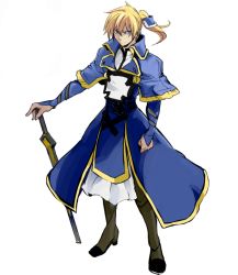 Rule 34 | 1boy, armor, blonde hair, blue eyes, bridal gauntlets, capelet, da panda, greaves, guilty gear, guilty gear xrd, ky kiske, male focus, planted, planted sword, planted weapon, ponytail, solo, sword, weapon