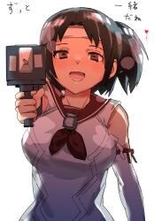 Rule 34 | adapted turret, aiming, arm warmers, black hair, breasts, brown eyes, brown neckerchief, brown sailor collar, cannon, commentary request, detached sleeves, headband, highres, igarashi mangou, kantai collection, large breasts, nagara (kancolle), neckerchief, one side up, sailor collar, school uniform, serafuku, short hair, translation request, turret, upper body