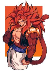 Rule 34 | 1boy, absurdres, biceps, black wristband, blue eyes, blue sash, body fur, closed mouth, dragon ball, dragon ball gt, gogeta, highres, looking at viewer, male focus, metamoran vest, monkey boy, monkey tail, muscular, muscular male, no nipples, pants, pectorals, red fur, red hair, relio db318, sash, simple background, smile, solo, spiked hair, super saiyan, super saiyan 4, tail, veins, veiny hands, white pants