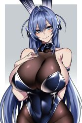Rule 34 | 1girl, absurdres, animal ears, arms up, azur lane, bare shoulders, blue eyes, blue hair, bodystocking, breasts, cleavage, commission, hair between eyes, hand on own chest, highres, huge breasts, hz (666v), leotard, long hair, looking at viewer, new jersey (azur lane), new jersey (exhilarating steps!) (azur lane), official alternate costume, pantyhose, playboy bunny, rabbit ears, see-through, see-through cleavage, simple background, smile, white background, wrist cuffs