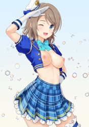 Rule 34 | 10s, 1girl, ;d, blue eyes, blue skirt, blush, bow, bowtie, breasts, brown hair, contrapposto, cowboy shot, crop top, frilled skirt, frills, gloves, gradient background, hand on own hip, hat, looking at viewer, love live!, love live! school idol festival, love live! sunshine!!, medium breasts, medium hair, mini hat, n.g., nipples, no bra, one eye closed, open clothes, open mouth, pleated skirt, puffy short sleeves, puffy sleeves, salute, short hair, short sleeves, skirt, smile, solo, standing, thigh strap, watanabe you, white gloves