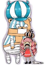 Rule 34 | 1girl, bear, crying, kumacy, mouth mask, one piece, perona, pink hair, surgical mask, aged down