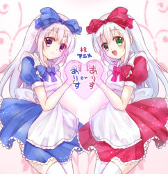 Rule 34 | 10s, 2girls, :d, airi (alice or alice), alice or alice, aqua eyes, blue bow, blue dress, blush, bow, copyright name, dress, heart, highres, looking at viewer, maid, multiple girls, open mouth, pink background, purple eyes, red bow, red dress, rise (alice or alice), short sleeves, siblings, sisters, smile, standing, thighhighs, twins, white hair, white legwear, yuitsuki1206