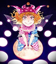 Rule 34 | 1girl, american flag dress, american flag legwear, blonde hair, clownpiece, dress, fairy, fairy wings, full body, hat, highres, jester cap, looking at viewer, moon, moonywitcher, pantyhose, pink eyes, short dress, short hair, smile, solo, striped clothes, striped pantyhose, teeth, touhou, wings