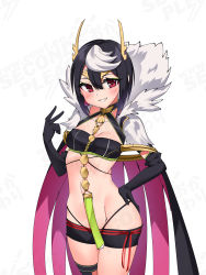 Rule 34 | 1girl, absurdres, ariel (kumo desu ga nani ka?), black gloves, black hair, black shorts, breasts, cape, commentary, copyright request, cowboy shot, cowfee, elbow gloves, english commentary, gloves, grin, groin, hair between eyes, hand on own hip, highres, inward v, kumo desu ga nani ka?, looking at viewer, micro shorts, multicolored hair, parted lips, red eyes, short hair, shorts, simple background, small breasts, smile, solo, two-tone hair, watermark, white background, white hair