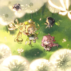Rule 34 | 2girls, :d, ahoge, blonde hair, bow, chibi, chinese clothes, dandelion, dress, encore (wuthering waves), flower, grass, green dress, green eyes, green hair, hair bow, hair ornament, hanfu, holding, long hair, multiple girls, open mouth, outdoors, pink hair, pointy ears, purple eyes, qixiong ruqun, remirror, ruqun, sheep, smile, verina (wuthering waves), very long hair, white dress, white flower, wuthering waves
