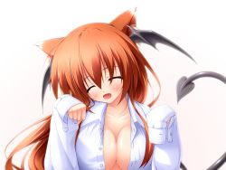 Rule 34 | 1girl, :d, ^ ^, animal ears, bad id, bad pixiv id, bat wings, blush, breasts, cat ears, cat girl, cleavage, closed eyes, demon tail, closed eyes, fang, female focus, head wings, highres, kemonomimi mode, koakuma, large breasts, long hair, midoriiro no shinzou, open clothes, open mouth, open shirt, paw pose, red hair, shirt, sleeves past wrists, smile, solo, tail, embodiment of scarlet devil, touhou, wings