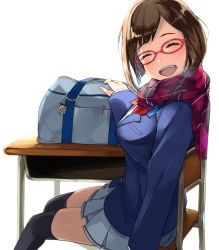Rule 34 | 10s, 1girl, :d, ^ ^, animal hands, bag, bag charm, black thighhighs, blazer, blue jacket, blue skirt, blush, bow, bowtie, breasts, brown hair, buttons, chair, charm (object), closed eyes, desk, dress shirt, glasses, head tilt, idolmaster, idolmaster cinderella girls, jacket, kawaty, long sleeves, maekawa miku, marker, medium breasts, open mouth, pen, pin, pleated skirt, red-framed eyewear, red bow, red bowtie, red scarf, round eyewear, scarf, school bag, school desk, shirt, short hair, simple background, skirt, smile, solo, striped clothes, striped scarf, table, thighhighs, white background, white shirt, zettai ryouiki, zipper