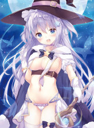 Rule 34 | 1girl, :d, belt, blue eyes, breasts, cameltoe, cape, choker, cleavage, collarbone, cowboy shot, dengeki moeou, fang, full moon, fur-trimmed cape, fur trim, gloves, hair ornament, hand up, hat, highres, holding, holding staff, kinokomushi, light purple hair, long hair, looking at viewer, magic, medium breasts, moon, navel, no bra, open mouth, original, panties, revealing clothes, showgirl skirt, single thighhigh, skindentation, smile, solo, staff, standing, star (symbol), star hair ornament, stomach, thigh strap, thighhighs, two side up, underwear, very long hair, white gloves, white panties, white thighhighs, witch hat