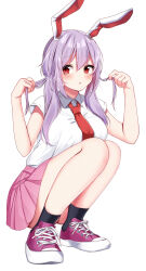 Rule 34 | 1girl, :o, alternate hairstyle, animal ears, black socks, blush, breasts, full body, highres, holding, holding hair, large breasts, looking at viewer, miniskirt, necktie, pink skirt, pleated skirt, purple hair, rabbit ears, red eyes, red necktie, reisen udongein inaba, shinonome asu, shirt, shoes, short sleeves, sideways glance, simple background, skirt, sneakers, socks, solo, squatting, touhou, twintails, twitter username, white background, white shirt