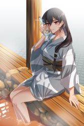 Rule 34 | 1girl, alternate costume, alternate hairstyle, bench, black hair, bottle to cheek, commentary request, feet out of frame, hair over shoulder, highres, kantai collection, long hair, looking at viewer, machi (ritovoyage), nagato (kancolle), parted lips, red eyes, sitting, soaking feet, solo, veranda, water